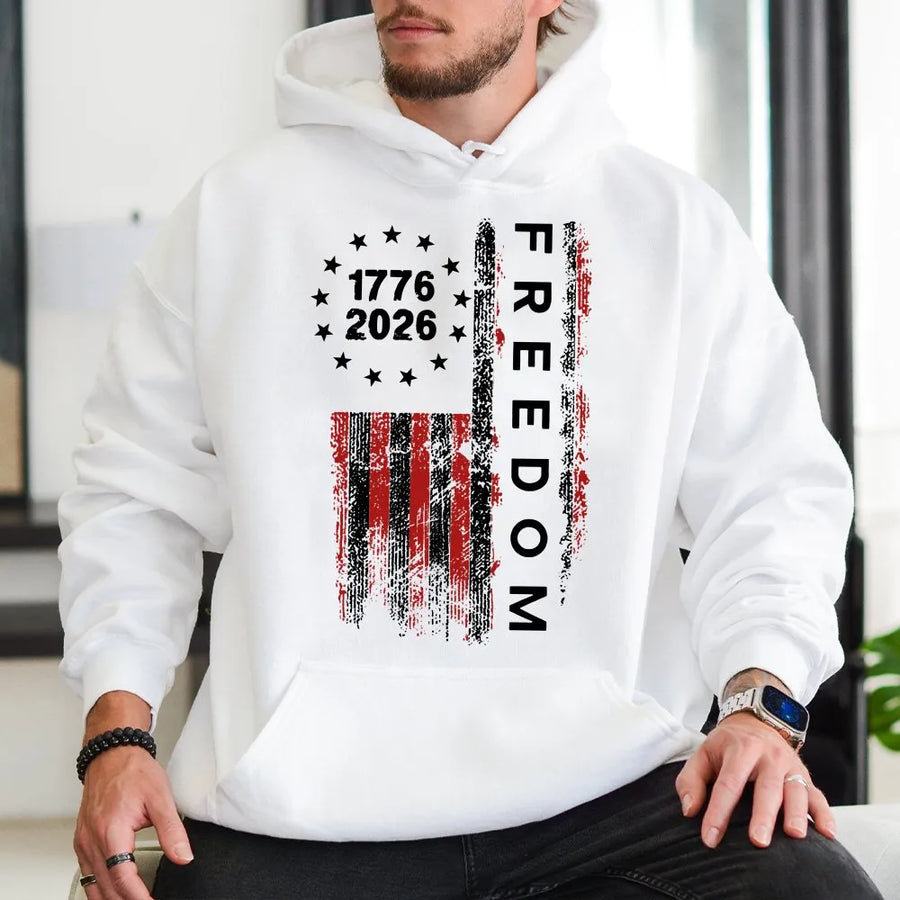 1776-2026 Hoodie | Distressed American Freedom Flag Graphic | Premium Cotton Tee | Patriotic USA Semiquincentennial Gift for Men & Women