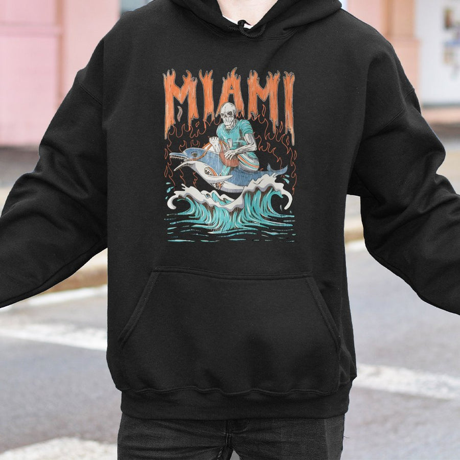 Miami With Skeleton Riding A Dolphin In A Football Jersey Hoodie