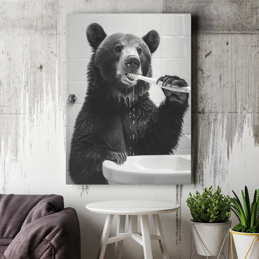 Bear Brushing Teeth Wall Art | Funny Bathroom Decor Print | Premium 1.25-Inch Gallery Canvas | Unique Animal Home Gift
