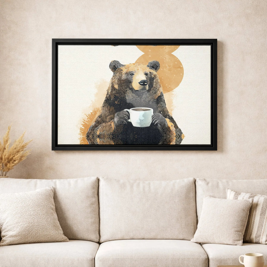 Bear Drinking Coffee Canvas Wall Art | Whimsical Animal Watercolor Decor | Premium Fade-Resistant Print | Cozy Cabin Home Office Gift