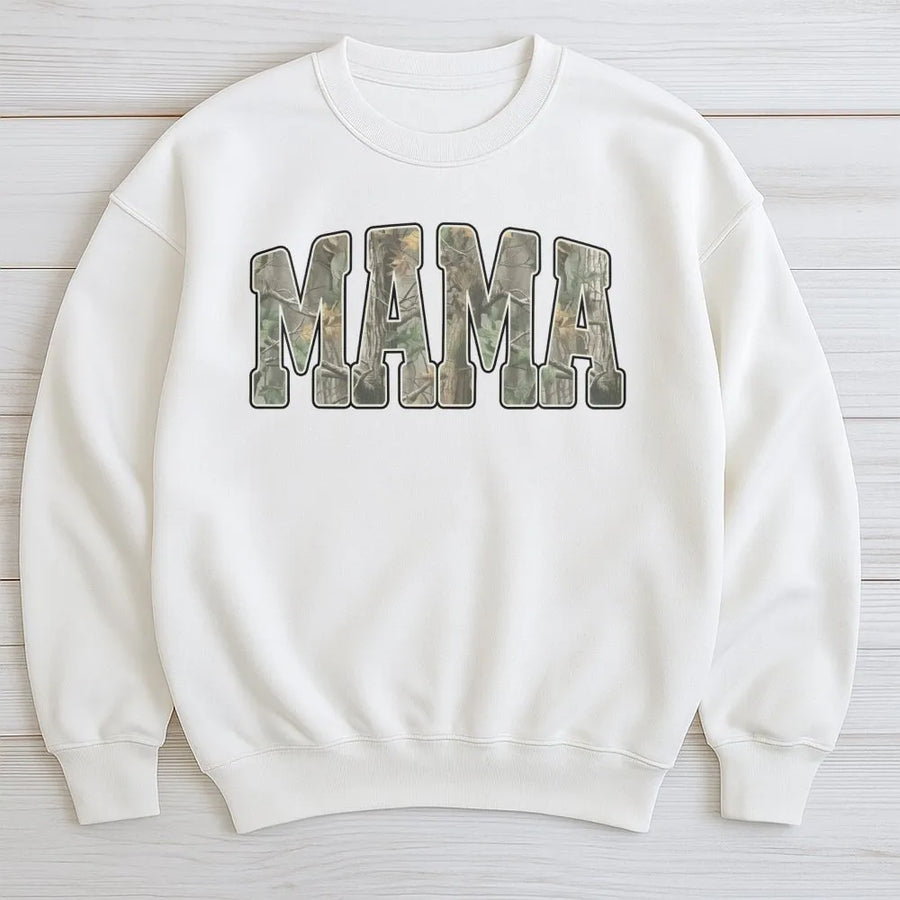 Mama Camo Sweatshirt | Hunting Style Woodland Pattern Text | Premium Cotton Blend Crewneck | Outdoorsy Mom Gift