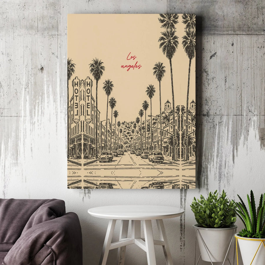 Los Angeles Canvas Wall Art | Vintage Sketch Palm Tree Street Scene | Premium Gallery Wrap Print | California Decor Gift for Home Office