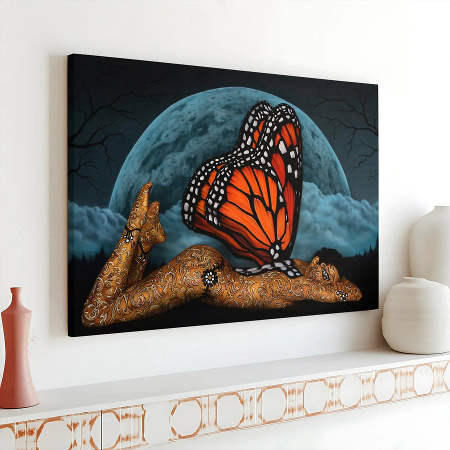 Monarch Butterfly Goddess Canvas Art | Mystical Moonlit Forest Print | Premium Gallery Wrapped Canvas | Collector's Gift for Fantasy Art Lover
