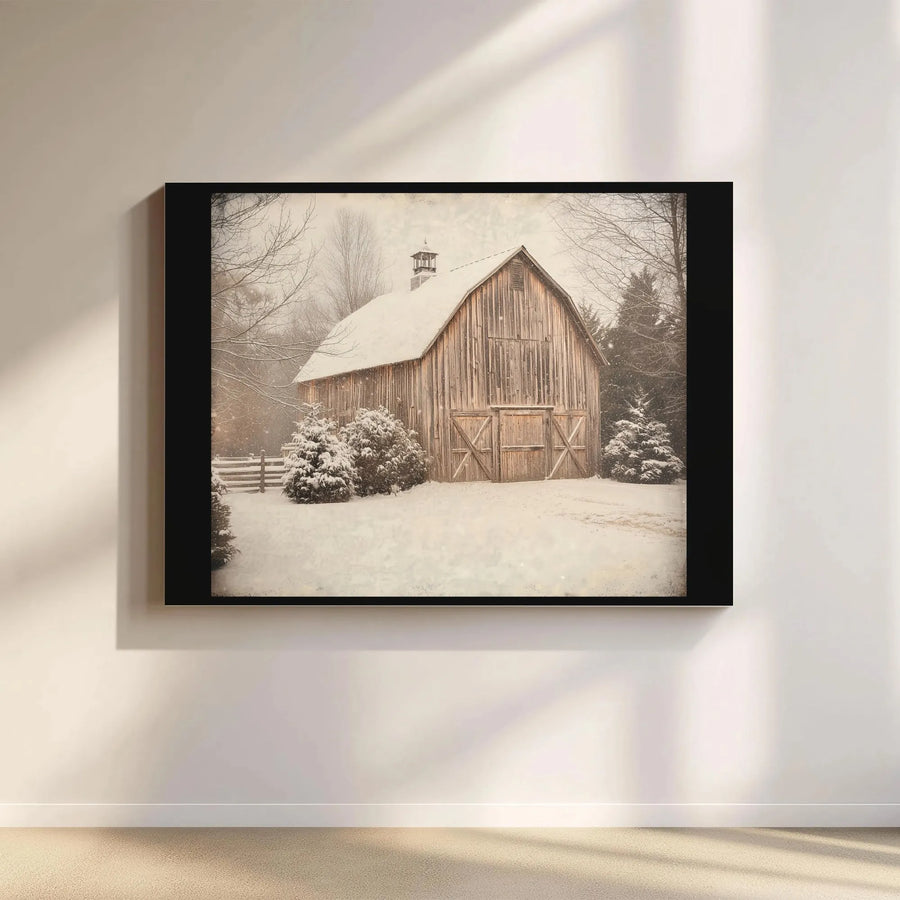 Rustic Winter Barn Wall Art | Snowy Farmhouse Landscape Canvas Print | Premium Gallery Wrap Decor | Farmhouse Holiday Home Gift