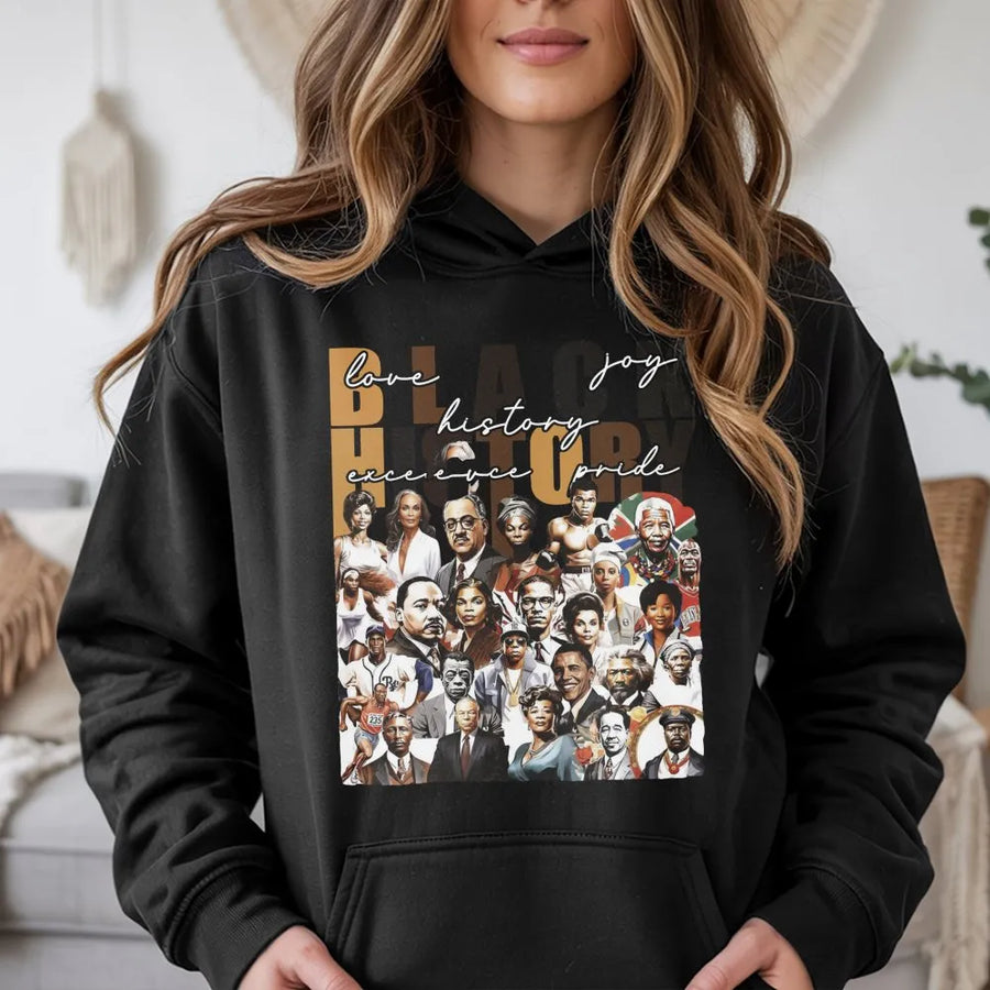 Black History Month Hoodie | Iconic Figures Collage Graphic Print | Premium Cotton-Blend Pullover | Unisex African American Heritage Gift