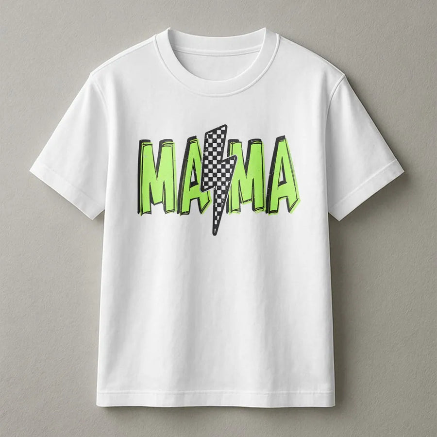 Mama T-Shirt with Neon Lightning Bolt | Checkerboard Design Graphic Tee | Premium 100% Cotton | Stylish Mom Gift for Birthday or Mother's Day 2026