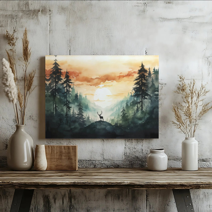 Watercolor Deer Canvas Art | Misty Forest Sunset Wall Decor | 1.25 Inch Gallery Wrap | Nature-Inspired Home Decor Gift