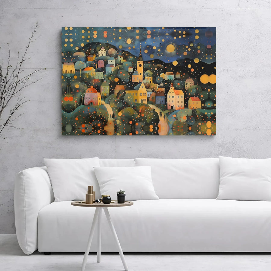 Whimsical Folk Art Canvas Wall Art | Glowing Village Night Scene | Premium Gallery Wrap Print | Dreamy Bedroom Decor Gift