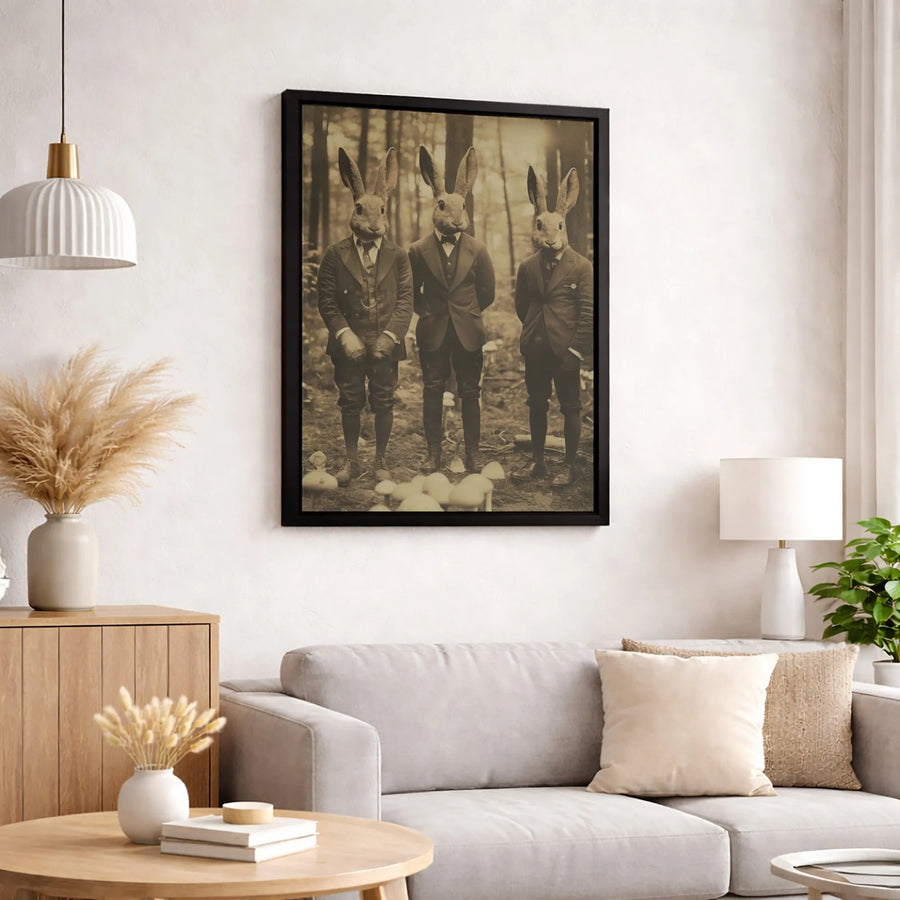 Rabbit Gentlemen Canvas Wall Art | Vintage Victorian Anthropomorphic Animal Print | Premium Gallery-Wrapped Portrait | Unique Maximalist Home Decor Gift