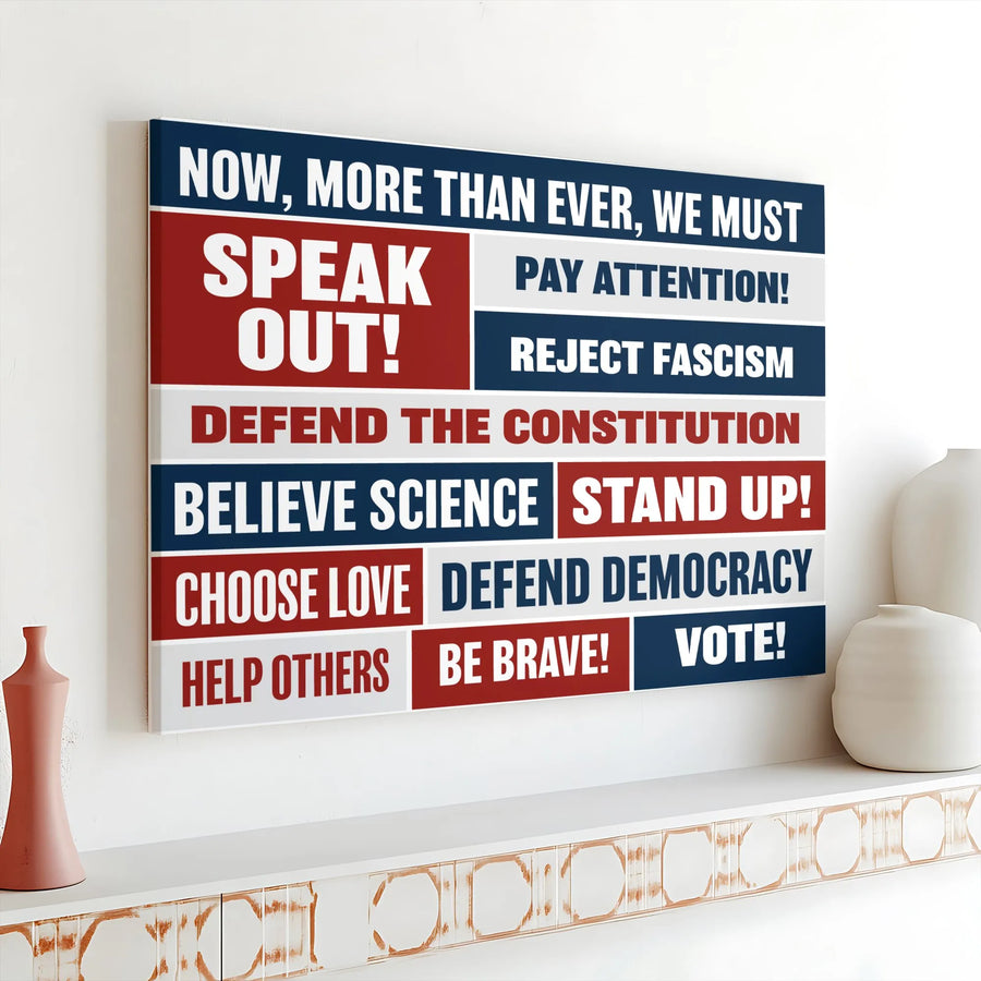 Political Protest Canvas Wall Art | Defend Democracy & Vote Typographic Print | Premium Gallery Wrap Canvas | Gift for Progressive Activist Home Decor