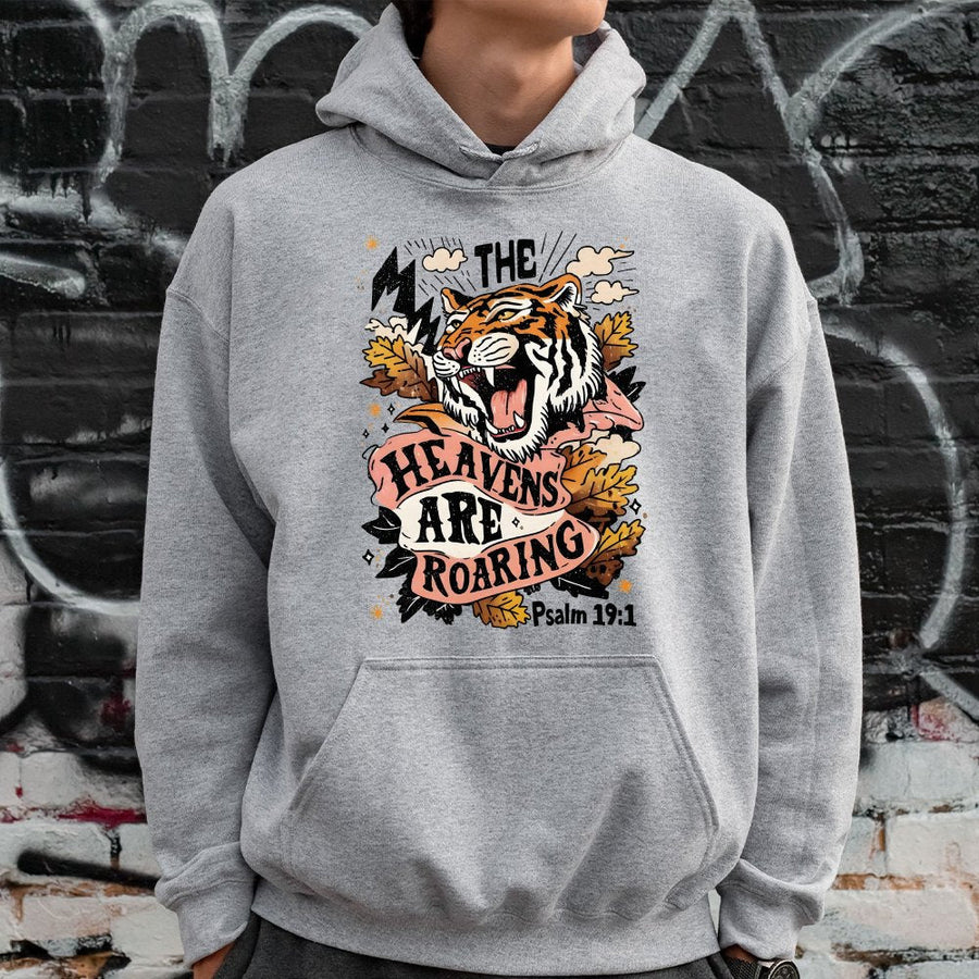 The Heavens Are Roaring Hoodie | Psalm 19:1 Tiger Christian Graphic | Premium Cotton Blend | Faith-Based Gift for Believers