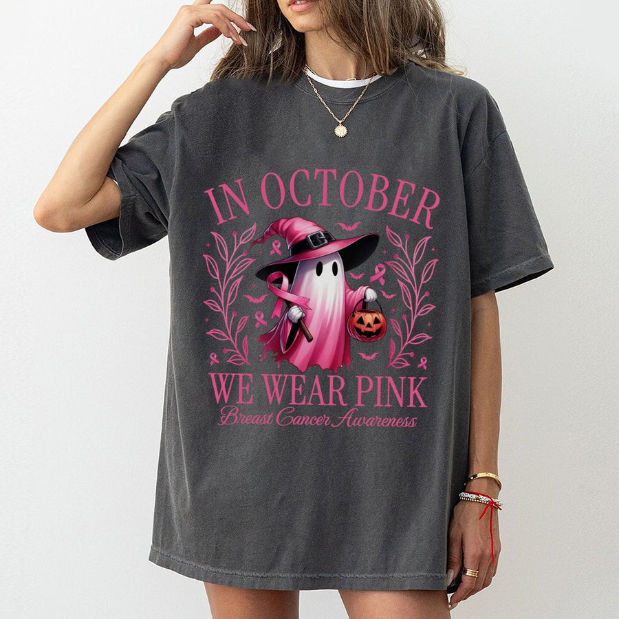 In October We Wear Pink Ghost T-Shirt | Halloween Breast Cancer Awareness Graphic | 100% Cotton Premium Tee | Support Survivor Gift