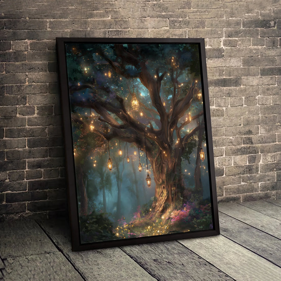 Enchanted Forest Canvas Wall Art | Whimsical Glowing Lanterns Tree | Premium Gallery Wrap Decor | Fantasy Landscape Gift for Home Office