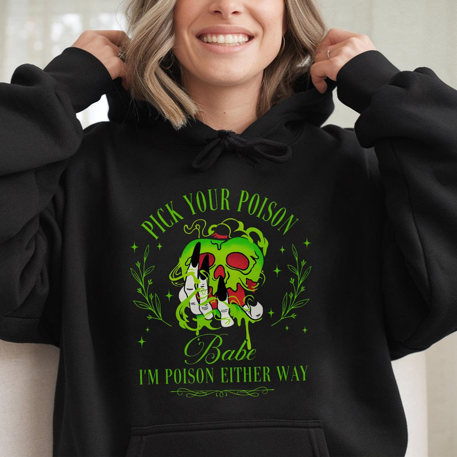 Pick Your Poison Hoodie | Gothic Skull Witchy Graphic Design | Premium Cotton-Blend Pullover | Spooky Halloween Gift for Her & Him