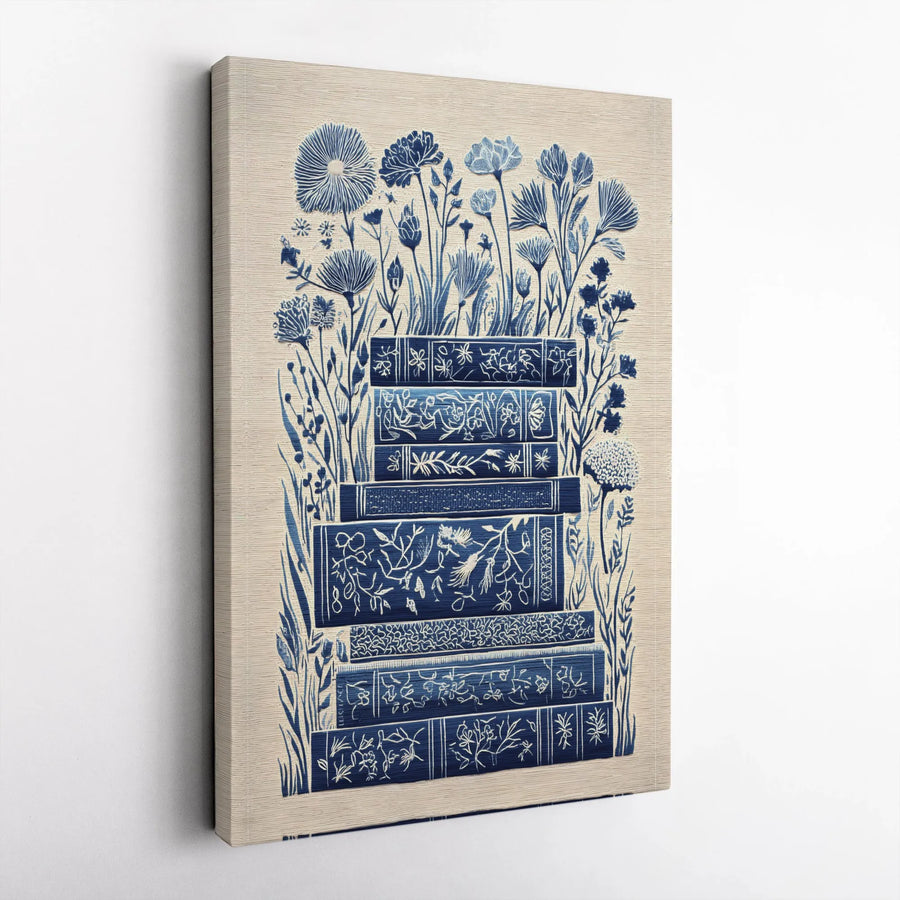 Botanical Bookshelf Canvas Wall Art | Vintage Linocut Style Floral Illustration | Premium Gallery Wrapped Canvas | Book Lover Gift & Library Decor