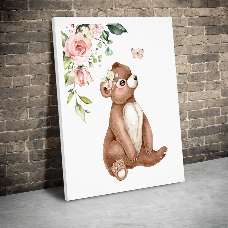 Baby Bear Wall Art | Watercolor Floral Crown & Butterfly Print | Gallery Quality 1.25” Canvas | Nursery Decor Gift