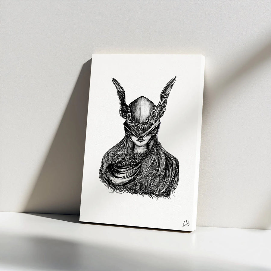 Valkyrie Canvas Print | Winged Helmet Warrior Ink Sketch | Premium Gallery Wrapped Wall Art | Mythology Gift for Home Decor