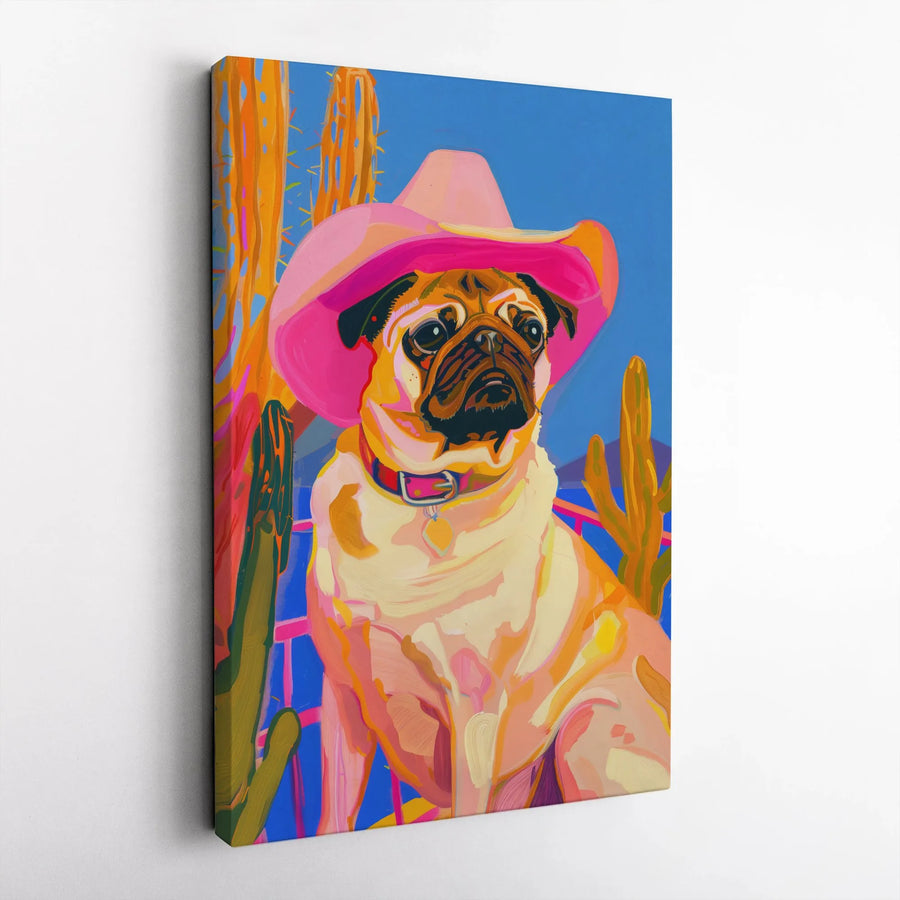 Pug Dog Wall Art | Pink Cowboy Hat Western Decor | Premium Gallery Wrap Canvas | Unique Pet Lover Gift
