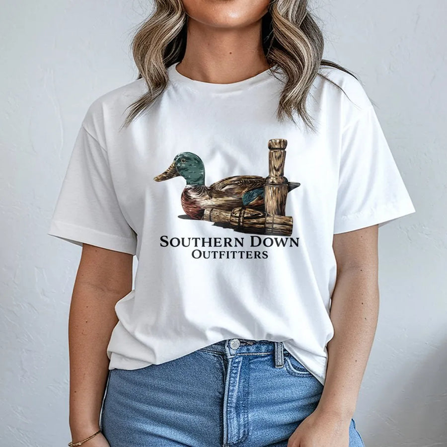 Duck Hunting T-Shirt | Wooden Duck Decoy and Call Graphic | 100% Cotton Premium Tee | Outdoor Sporting Apparel Gift for Hunters