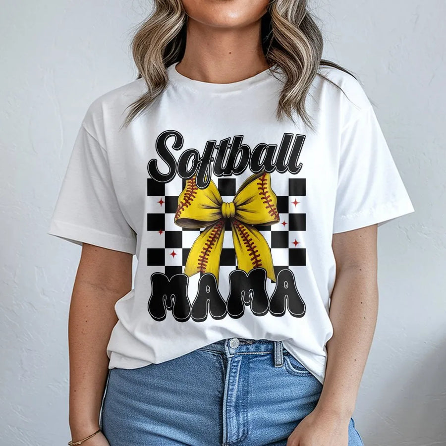 Softball Mama T-Shirt | Retro Checkered Bow Game Day Graphic | 100% Cotton Premium Tee | Gift for Baseball Softball Mom