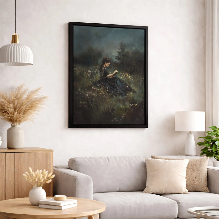 Dark Academia Canvas Wall Art | Moody Gothic Woman Reading in Meadow | Premium Gallery Wrapped Print | Atmospheric Home Decor Gift