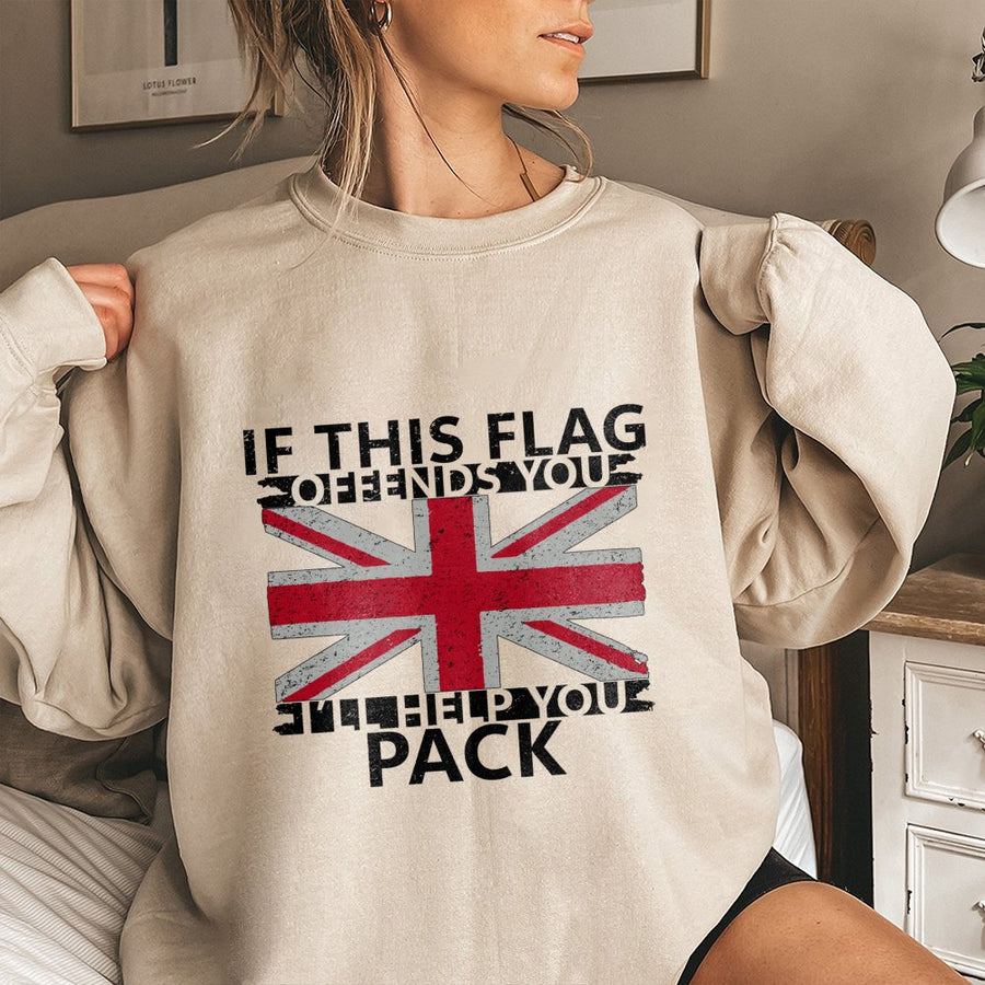 British Flag Sweatshirt | If This Flag Offends You Quote | Premium Cotton Blend Unisex Pullover | Patriotic Gift For UK Pride Supporters