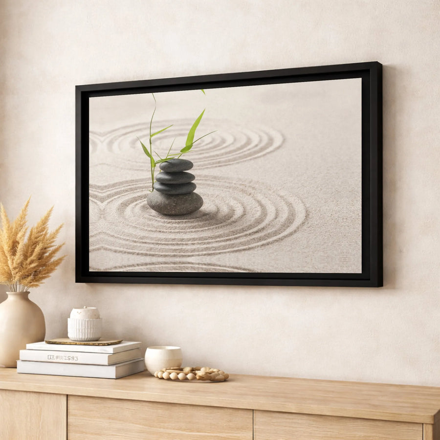 Zen Garden Canvas Wall Art | Stacked Stones and Bamboo Nature Print | 1.25” Premium Gallery Wrapped | Calming Home Decor for Office or Living Room