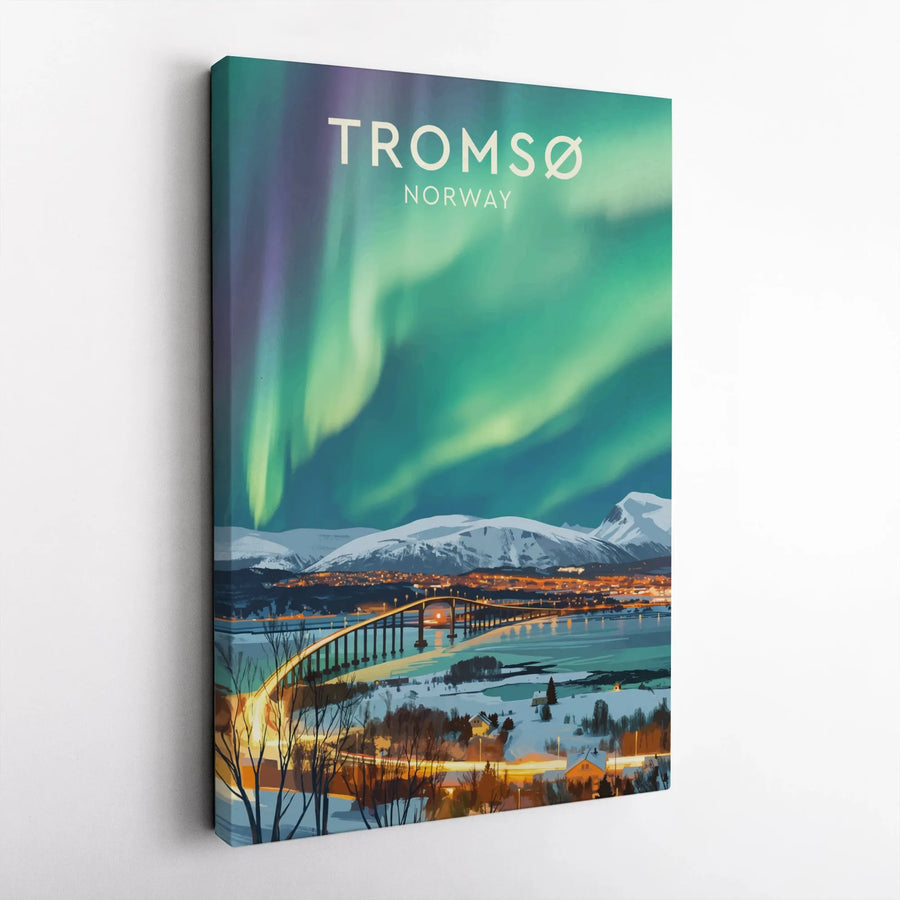 Tromsø Norway Northern Lights Canvas | Aurora Borealis Travel Poster | Premium Gallery Wrap Canvas | Scandinavian Home Decor Gift