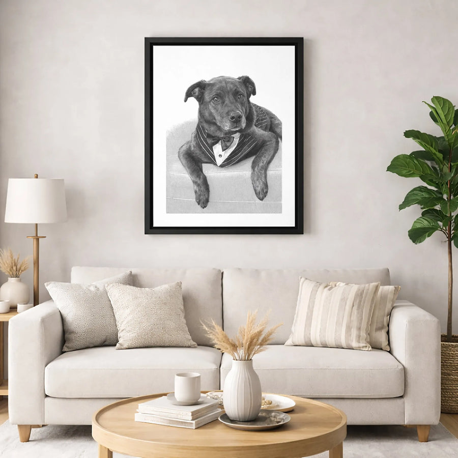 Dapper Dog Wall Art | Elegant Pinstripe Suit & Bow Tie Sketch | Premium Gallery-Wrapped Canvas | Sophisticated Pet Lover Gift Decor