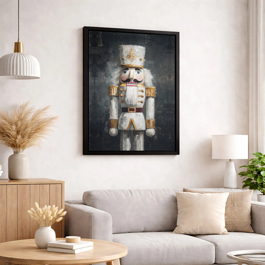 White and Gold Nutcracker Canvas Wall Art | Artistic Soldier Portrait Print | Premium Gallery-Wrapped Decor | Christmas Holiday Gift
