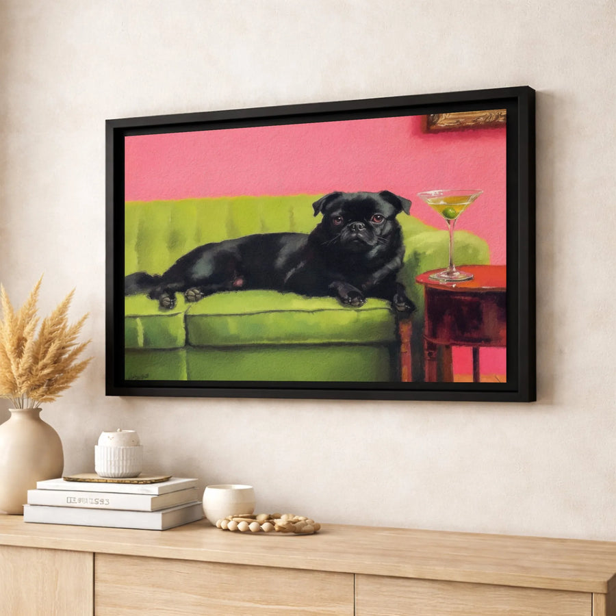 Black Pug Wall Art | Whimsical Dog Lounging on Couch with Martini | Gallery-Quality 1.25” Canvas | Unique Pet Lover Home Decor Gift