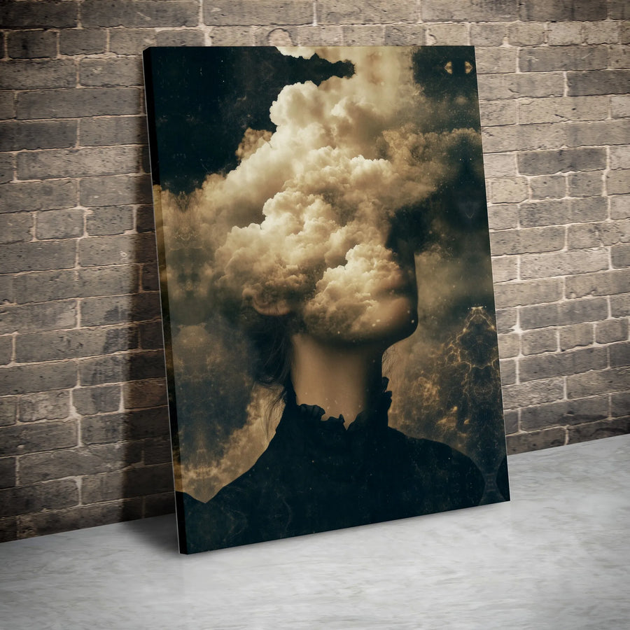 Surreal Woman Head In Clouds Canvas Wall Art | Ethereal Portrait Dark Academia Decor | Premium Gallery Wrap Print | Dreamy Fine Art Gift