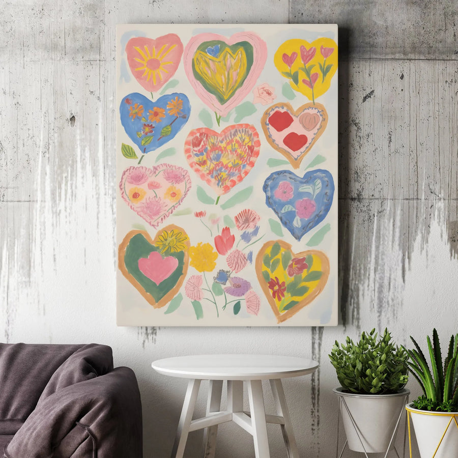 Colorful Heart Wall Art | Folk Art Floral Canvas Print | Premium Gallery Wrapped Decor | Whimsical Living Room Art Gift