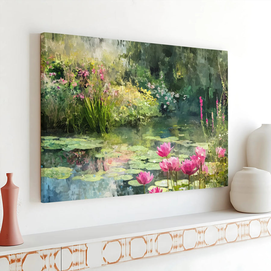 Water Lily Pond Canvas Art | Impressionist Pink Floral Landscape | Premium Gallery Wrapped Wall Decor | Serene Nature Painting for Living Room
