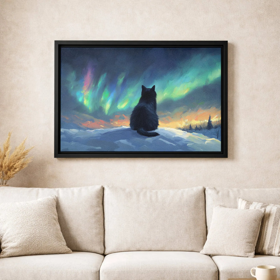 Black Cat Northern Lights Canvas Art | Aurora Borealis Snowy Landscape | Premium Fade-Resistant Print | Magical Nature Wall Decor Gift