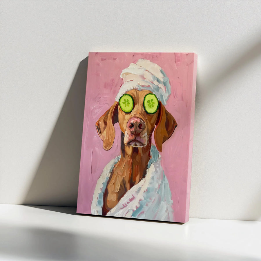 Funny Dog Spa Vertical Canvas | Painterly Vizsla Portrait with Cucumber Eyes | Premium Gallery Wrapped Canvas | Humorous Gift for Dog Lover