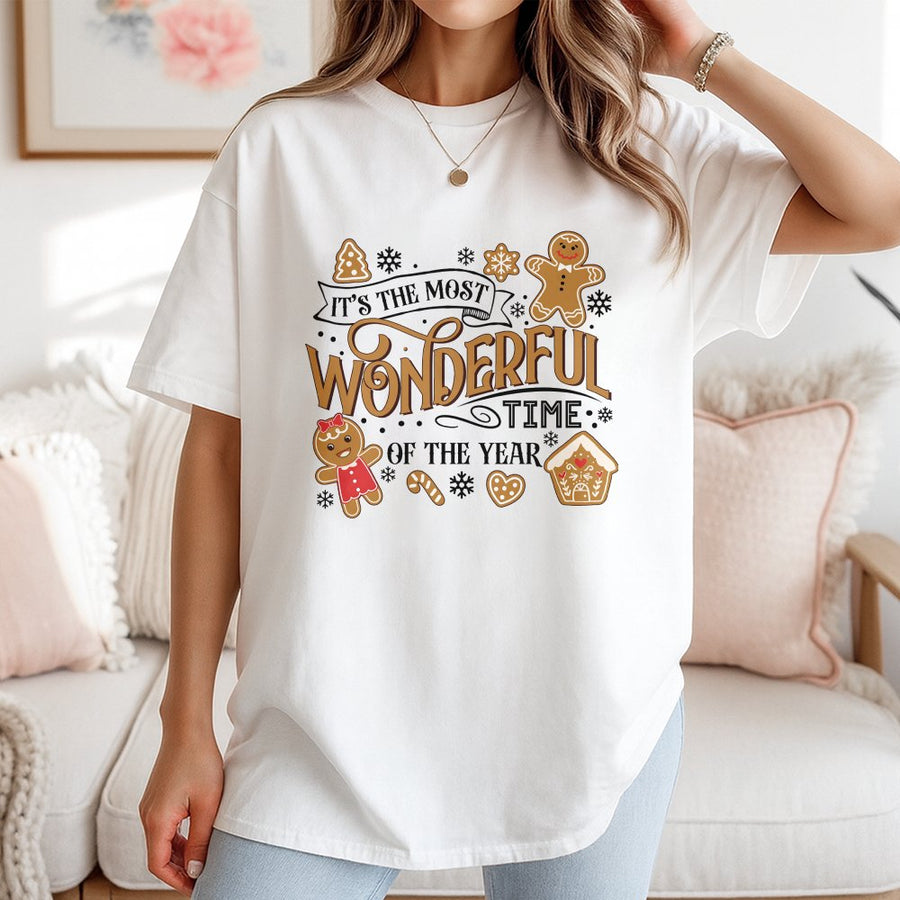 Christmas Gingerbread T-Shirt | It's The Most Wonderful Time Graphic | 100% Cotton Premium Tee | Festive Holiday Gift For Women Men