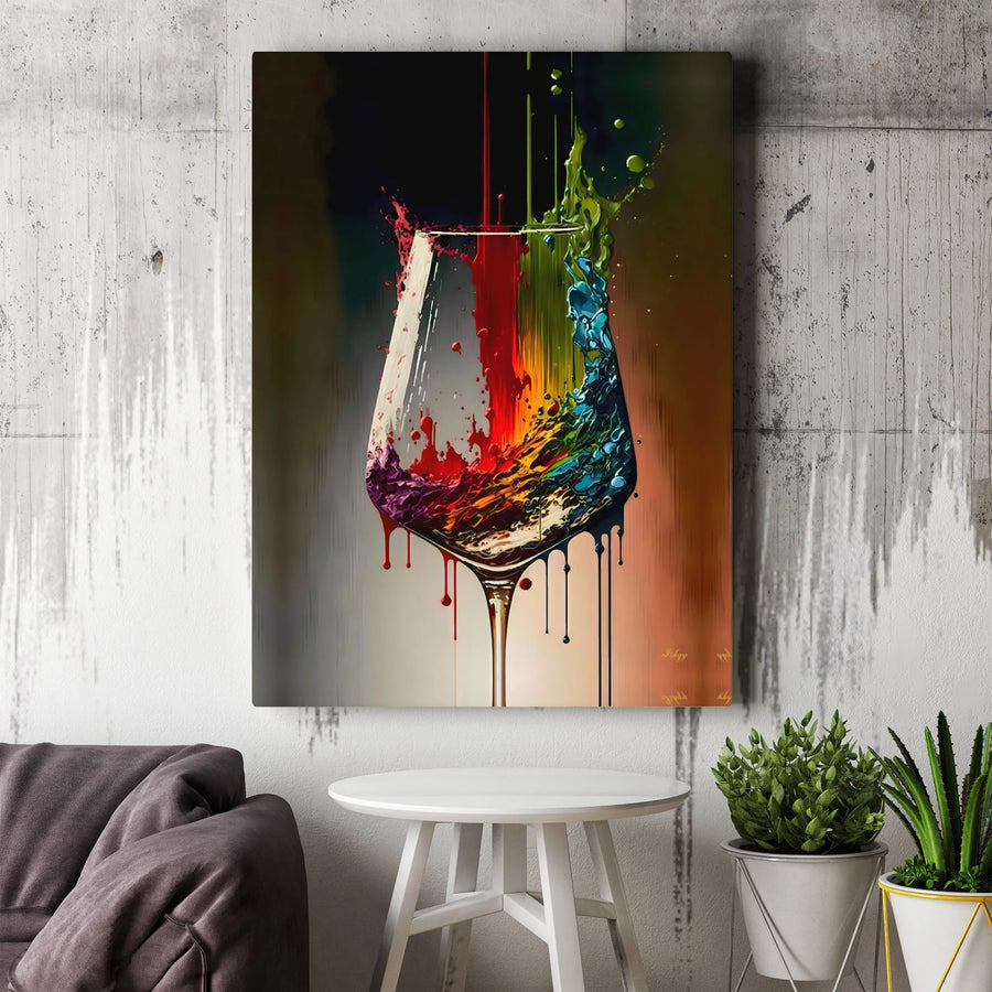 Colorful Wine Glass Canvas Print | Abstract Rainbow Paint Splatter Art | Premium 1.25" Gallery Wrapped Wall Decor | Modern Kitchen & Bar Gift