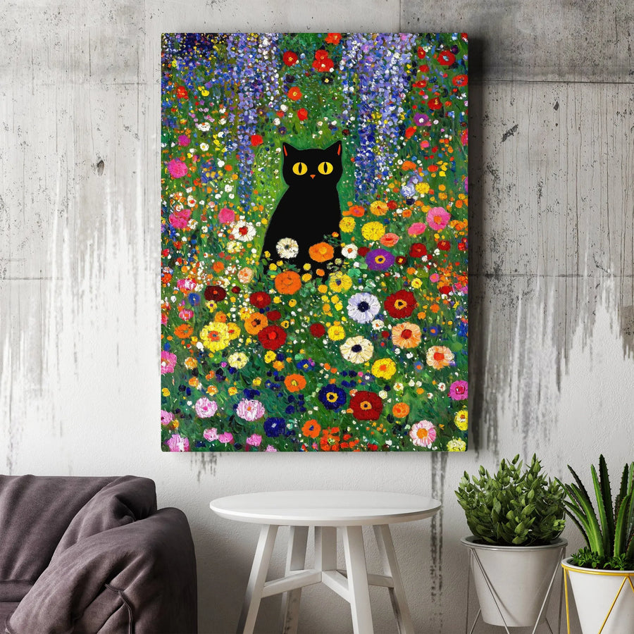 Klimt Style Black Cat Canvas Wall Art | Vibrant Floral Meadow Painting Print | Premium Thick Gallery Wrap | Unique Home Decor Gift for Cat Lover