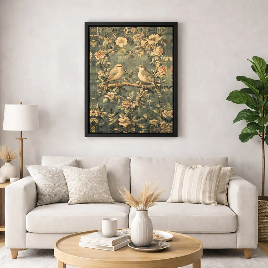 Vintage Bird Tapestry Wall Art | Floral Botanical Illustration | Premium Gallery Canvas | Cottagecore Home Decor Gift for Nature Lovers