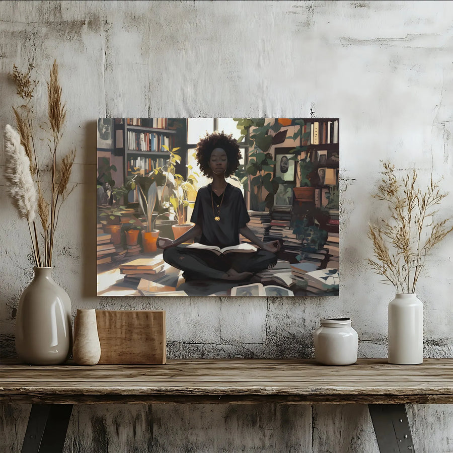 Meditating Black Woman Canvas | Boho Library Botanical Wall Art | Premium Gallery Wrapped Print | Zen Home Office Decor Gift