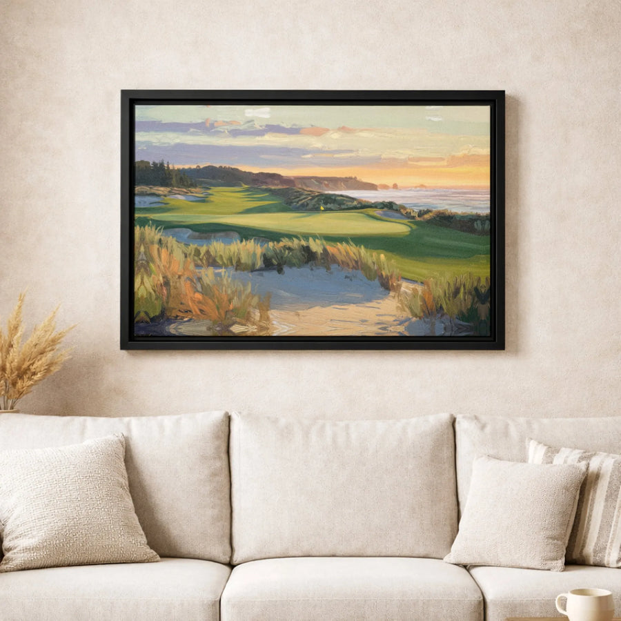 Coastal Golf Course Canvas Wall Art | Impressionist Sunset Landscape Painting | Premium Gallery-Wrapped Print | Golf Lover Gift For Office Decor