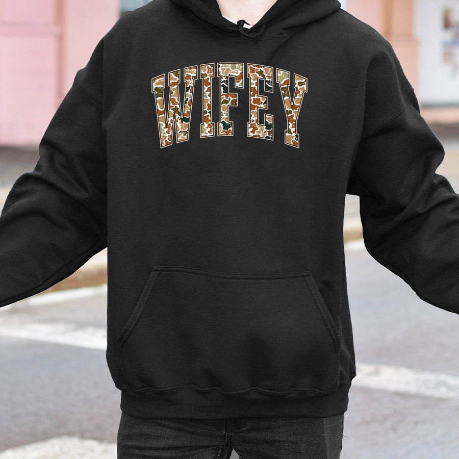 Wifey Camo Hoodie | Varsity Letter Print | Soft Cotton-Polyester Blend | Trendy Bridal Gift for Newlywed Women