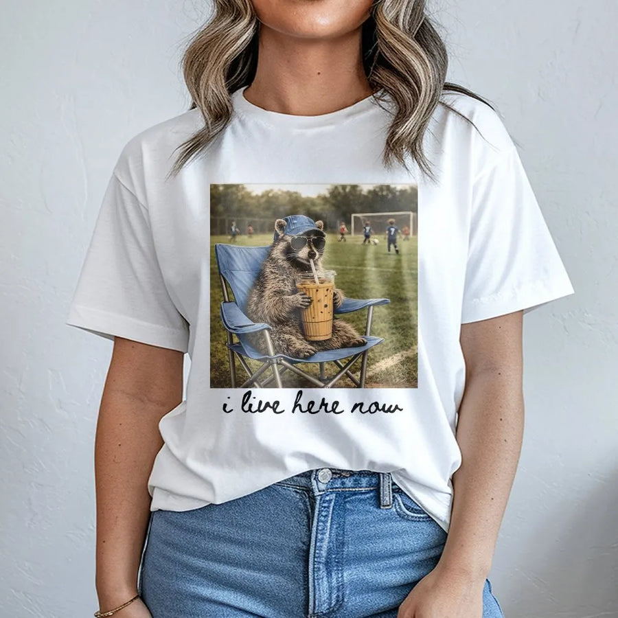 Funny Soccer Mom T-Shirt | Raccoon with Iced Coffee Graphic Tee | Soft Cotton Sideline Shirt | Game Day Tournament Gift for Moms