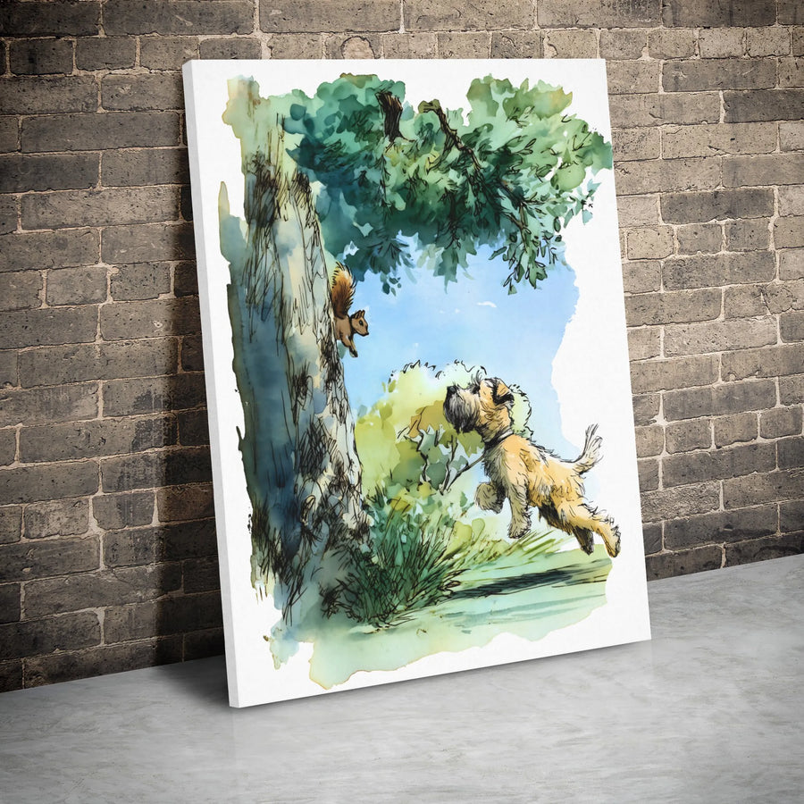 Border Terrier Wall Art | Watercolor Squirrel Chasing Dog Portrait | Premium Gallery Wrapped Canvas | Gift for Dog Lovers