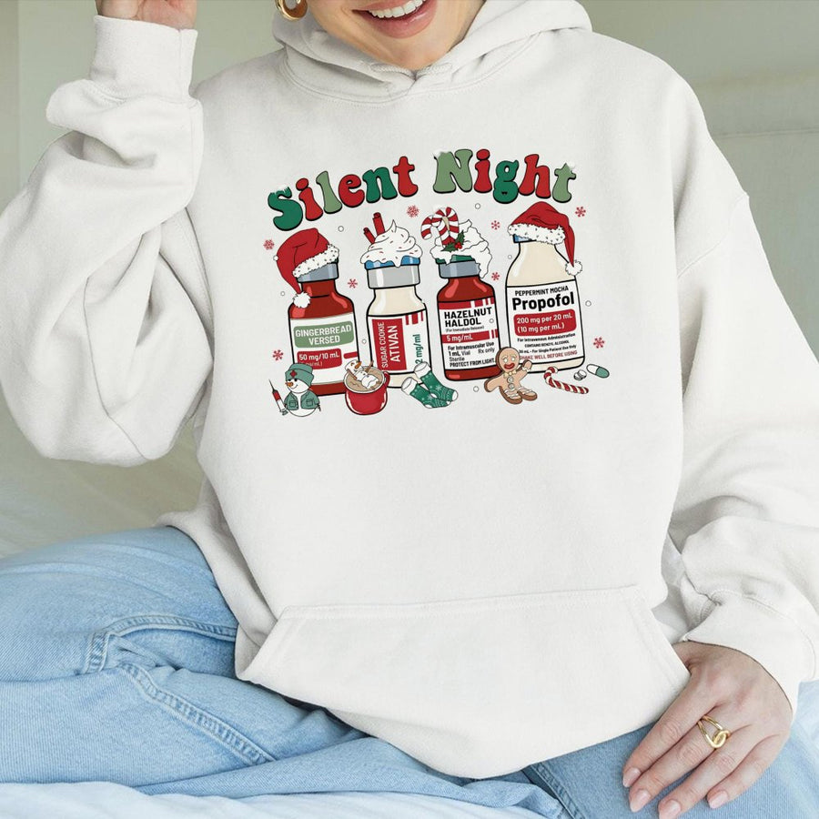 Silent Night Christmas Hoodie | Funny Medical Nurse Holiday Sweatshirt | Soft Cotton-Blend Premium Apparel | Gift for ICU Nurses & Medical Professionals