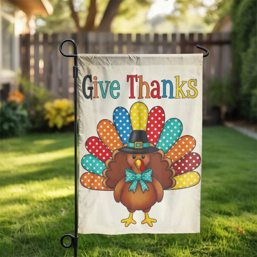 Thanksgiving Garden Flag | Cute Polka Dot Turkey With Pilgrim Hat | Weather-Resistant Polyester | Outdoor Holiday Yard Decor Gift