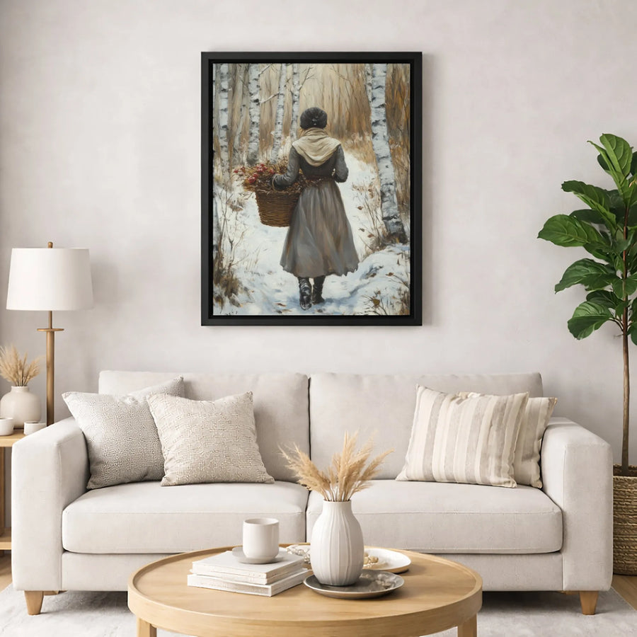 Winter Birch Forest Wall Art | Woman With Berry Basket Oil Painting Style | 1.25-Inch Premium Canvas Print | Cozy Seasonal Home Decor Gift