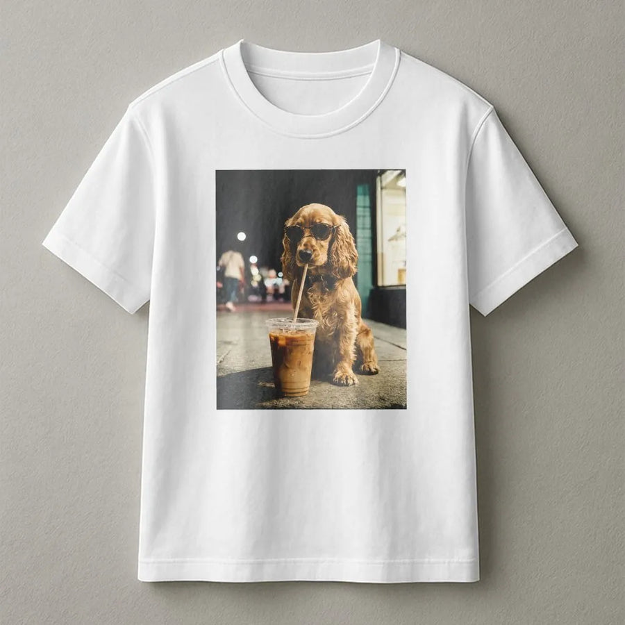 Funny Dog Drinking Coffee T-Shirt | Aesthetic Cocker Spaniel Photo Graphic | Soft Cotton Blend Sweatshirt | Gift for Dog Lover & Coffee Addict