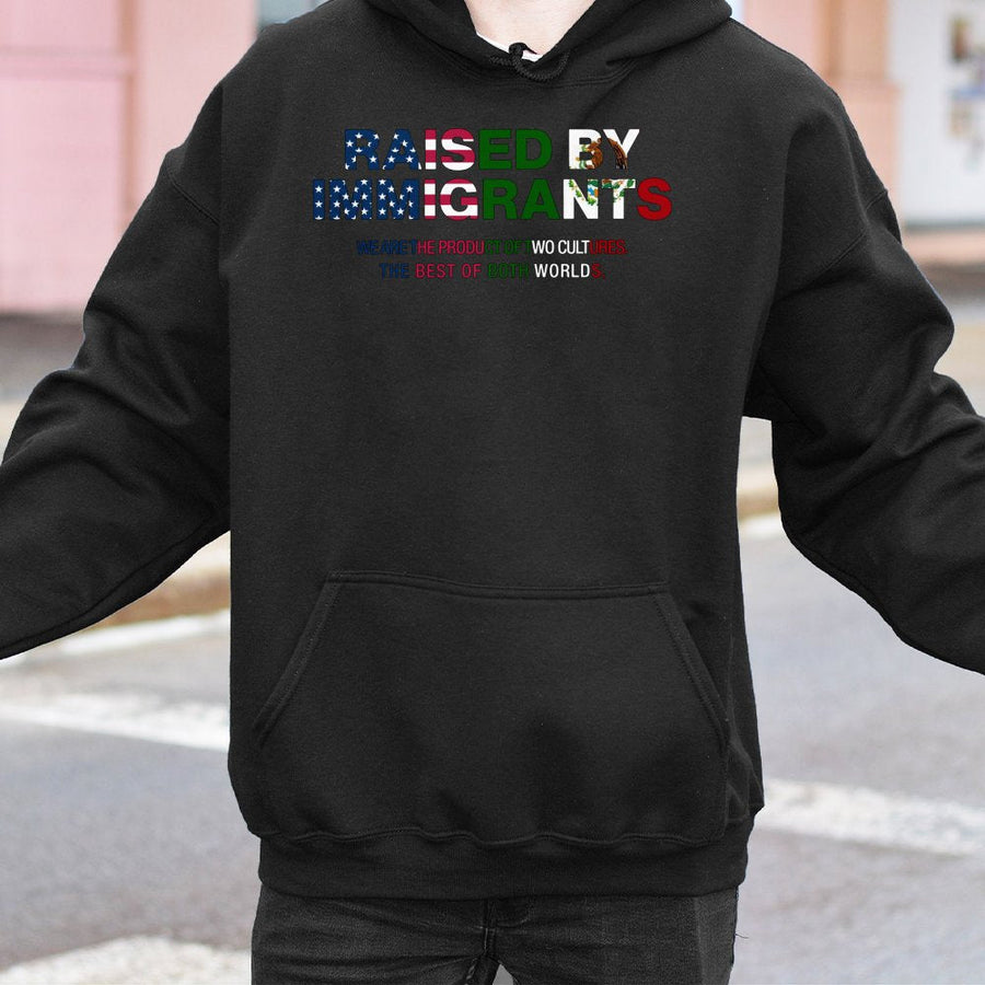Raised By Immigrants Hoodie | Mexican American Heritage Graphic | Premium Cotton Blend | Empowerment Gift for Latino Pride and Cultural Identity